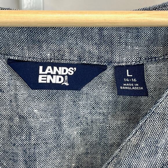 LANDS' END Linen Button Up Midi Dress Cap Sleeve Pleat Waist Blue Size 14 16 L - Picture 3 of 8